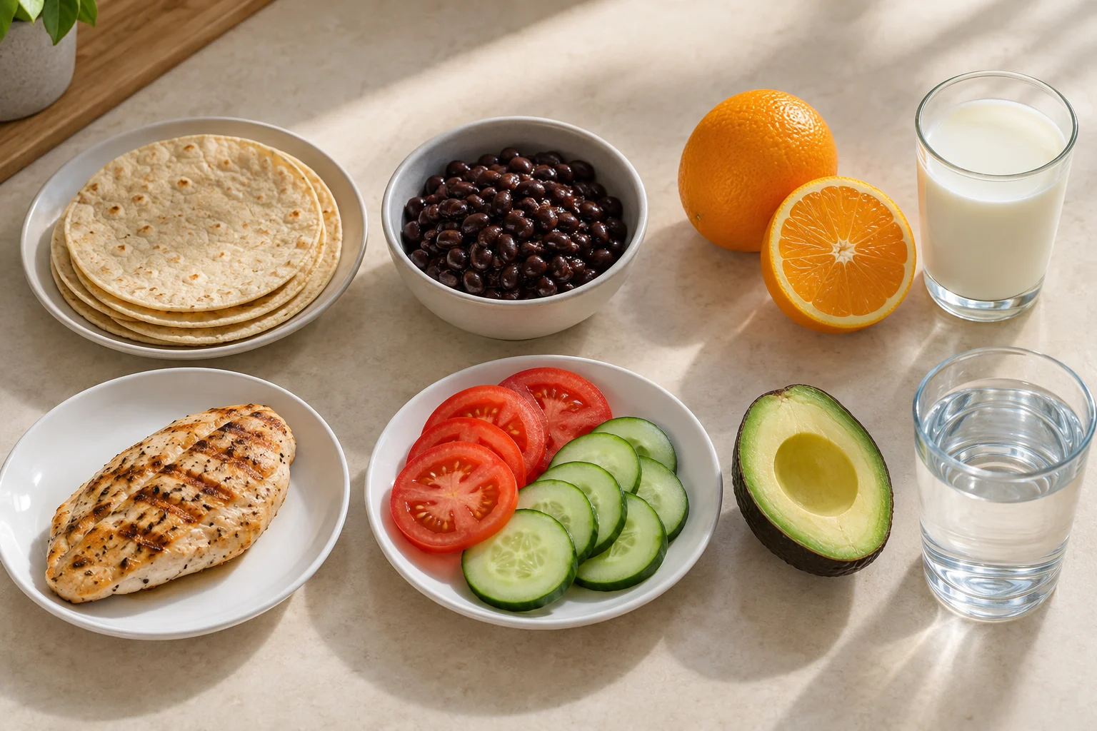 Alimentos cotidianos utilizados en las explicaciones del curso: tortillas, frijoles, frutas, leche y verduras